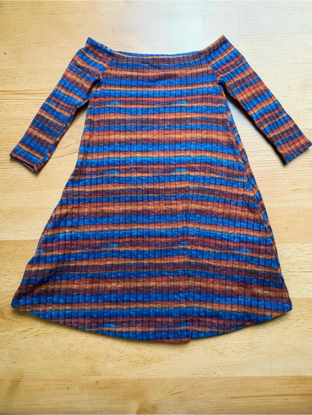 Women’s Striped Off-Shoulder Dress in Blue and orange - small - knee length NWOT